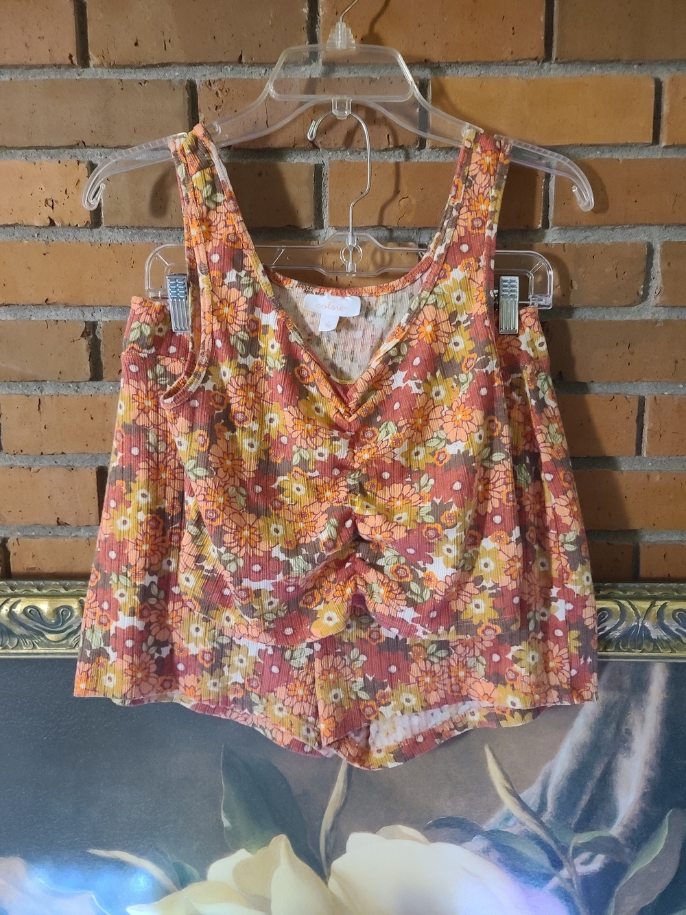 Colsie Floral Ribbed Tie-Front Tank Top - Rust Yellow Cream